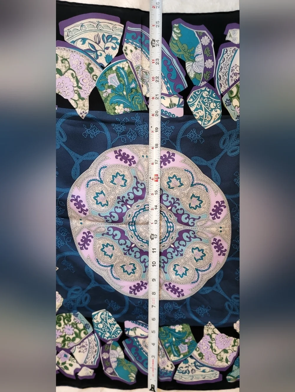 Vintage Chinese Pottery Print Blue Purple Hand Rolled Silk Scarf 26